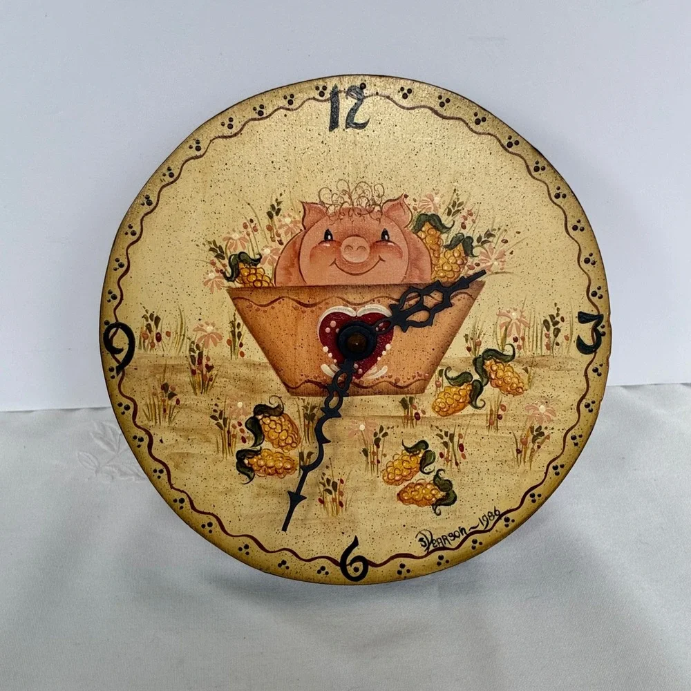 Vtg Pig Folk Art Clock Hand Painted Wood 1986 Country Farmhouse Cottage Kitsch